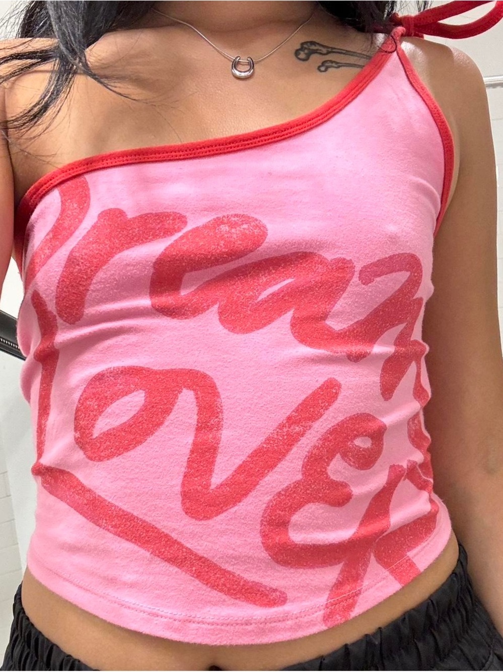Kimchi Blue Pink One-Shoulder Graphic Tie-Strap Camisole
